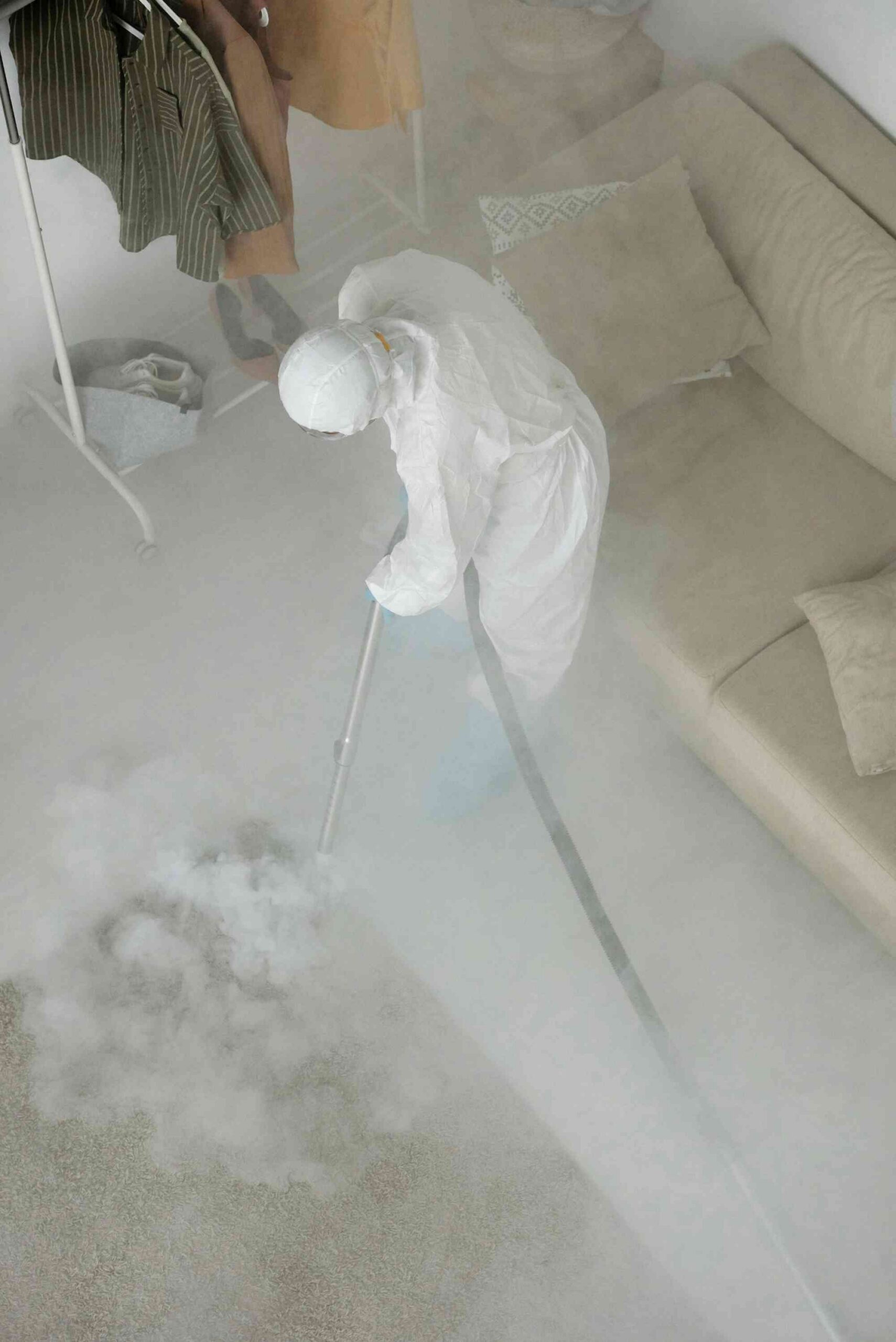 Professional technician conducting heat treatment fogging to eliminate bed bugs in a Bloomington, Indiana bedroom