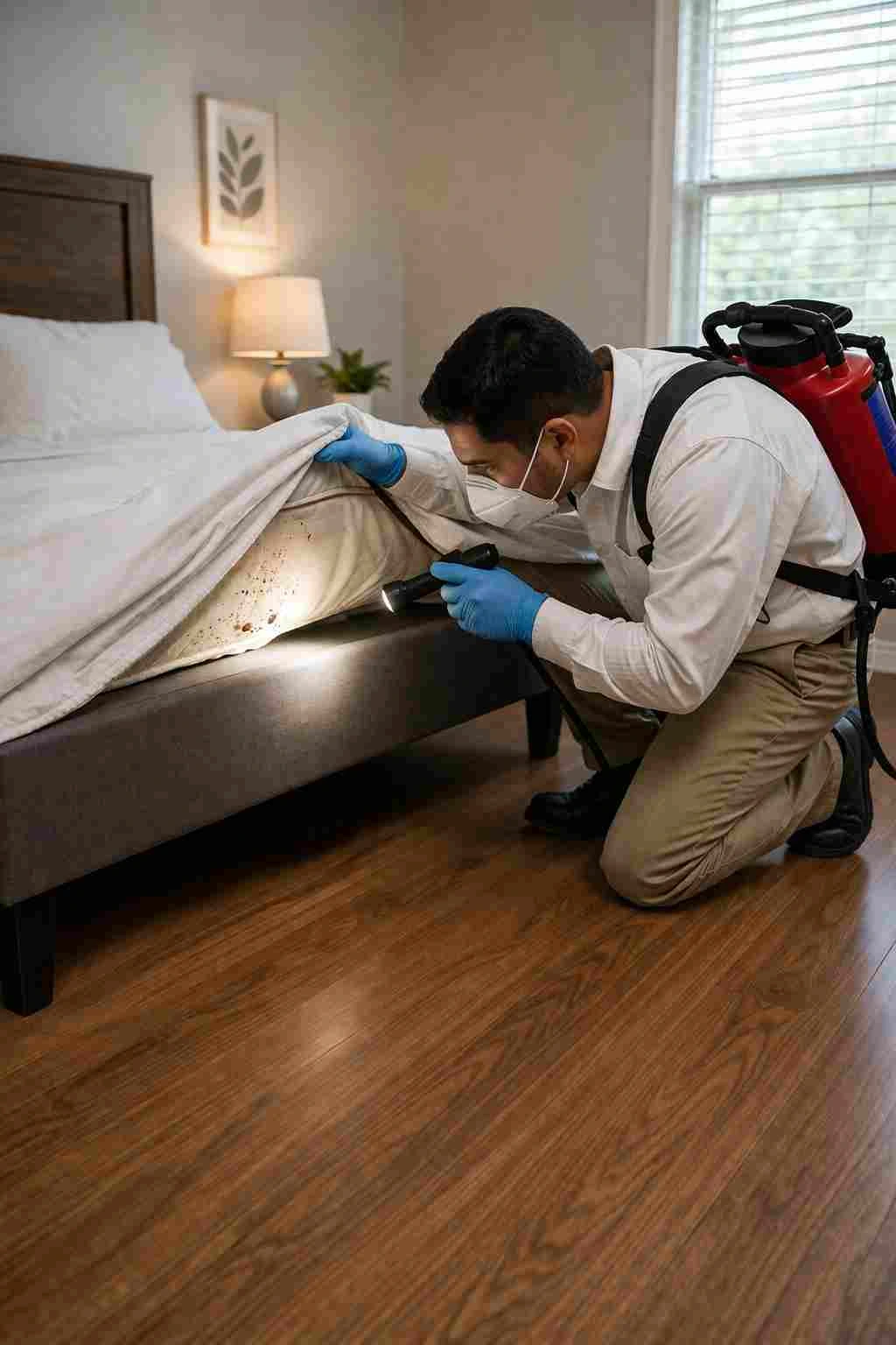 Trained pest control technician carefully inspecting a mattress for bed bug evidence in Bloomington, Indiana