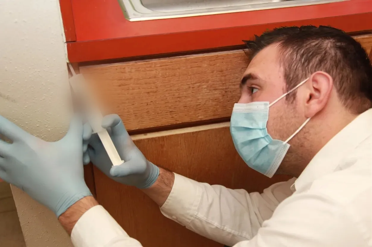 Pest control technician applying gel bait to a kitchen cabinet crevice during treatment in Bloomington, Indiana