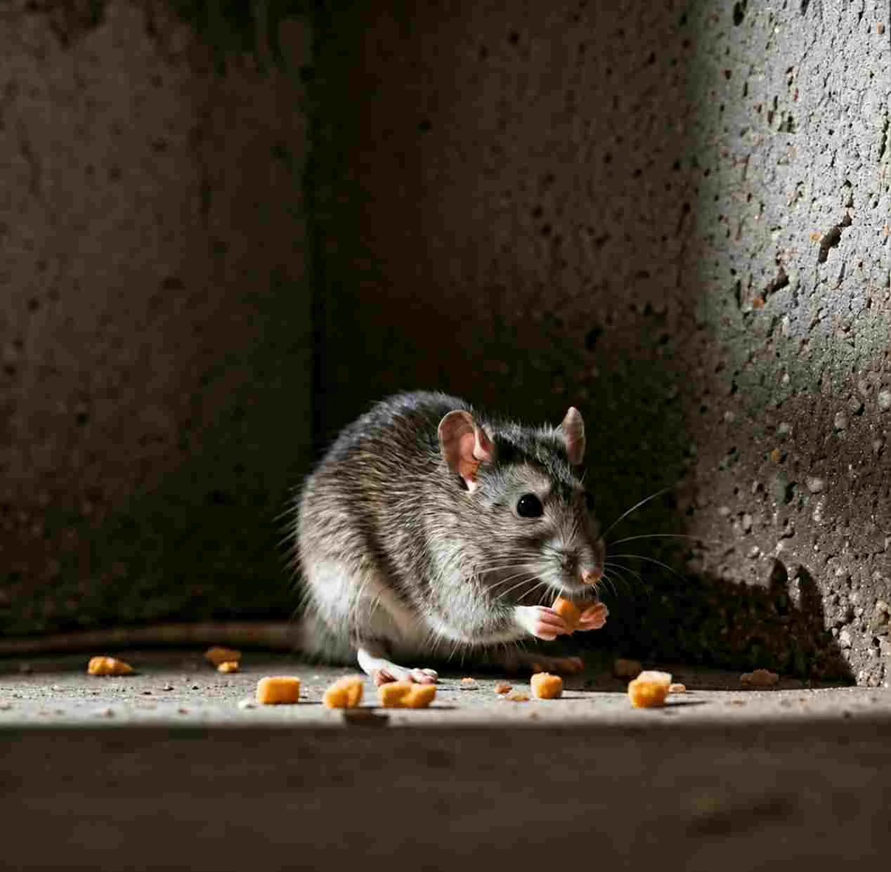 Rodent entry point visible in basement foundation crack with droppings in Bloomington, Indiana indicating active mouse or rat infestation