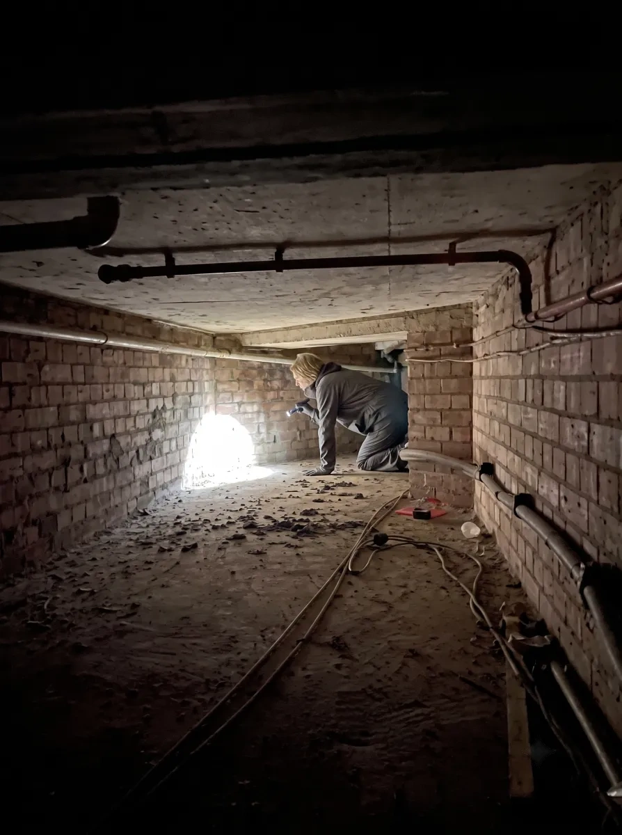 Pest control technician inspecting a crawl space with a flashlight for rodent droppings and entry points in Bloomington