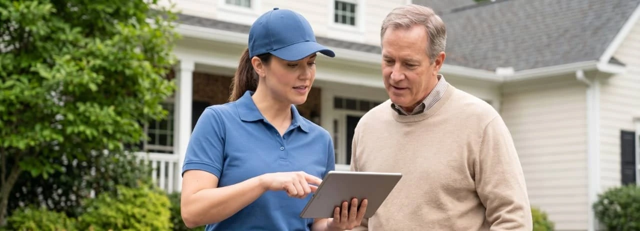 Professional pest control technician discussing treatment options with homeowner in Bloomington, Indiana